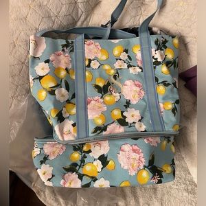NWT lemon and floral blue Victoria’s Secret , insulated lunch/tote bag